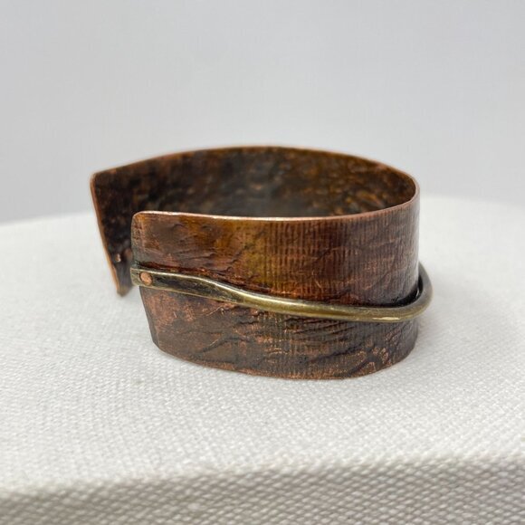 Handcrafted Adjustable Copper & Brass Cuff Bracelets Rustic Minimalist Artsy - Picture 13 of 16